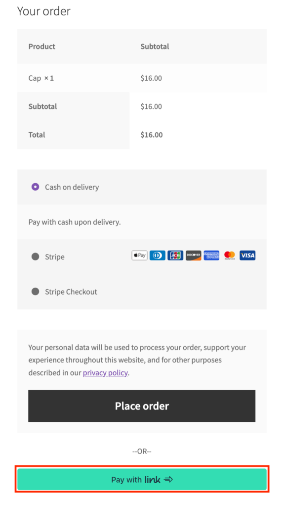 Link button on checkout page