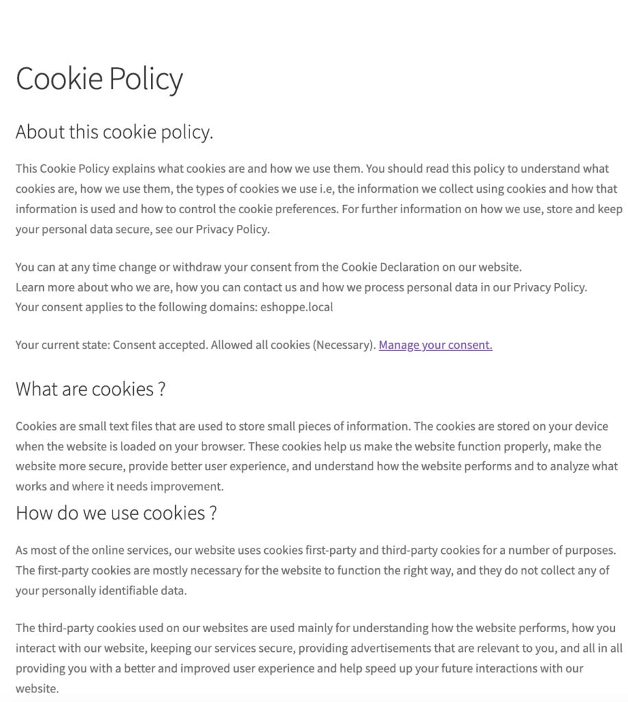 Preview of the cookie policy page