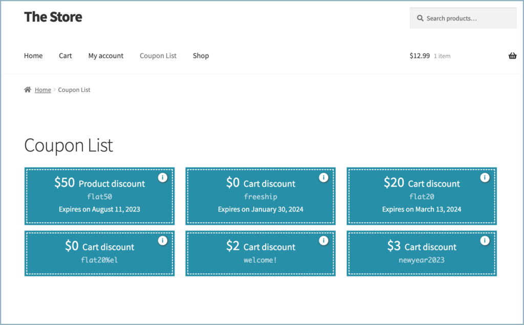 Smart Coupons for WooCommerce - Shortcodes demo using a custom page
