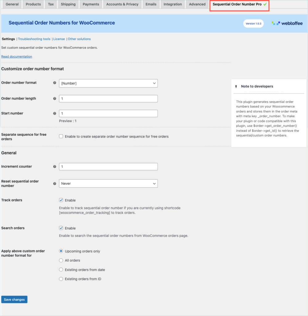 Sequential Order Number for WooCommerce - Settings Page