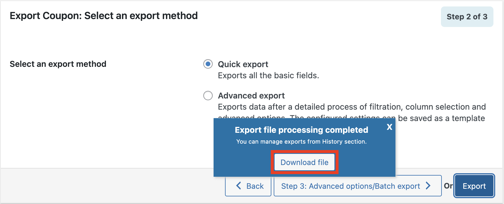 Download exported CSV file