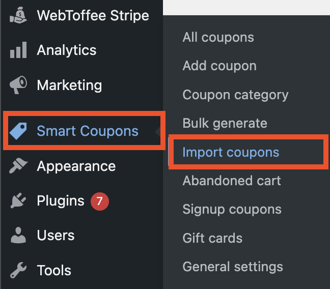 Go to Import Coupons tab from Smart Coupons