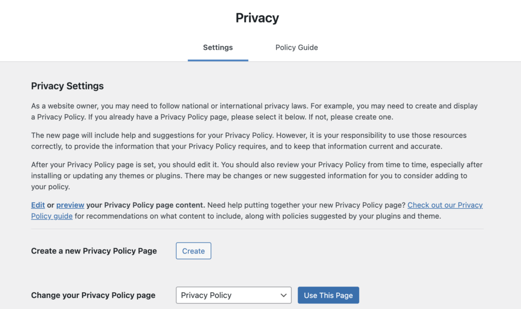 Privacy settings page