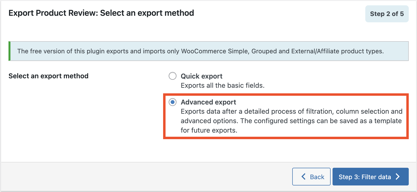 Select Advanced export option for exporting product reviews