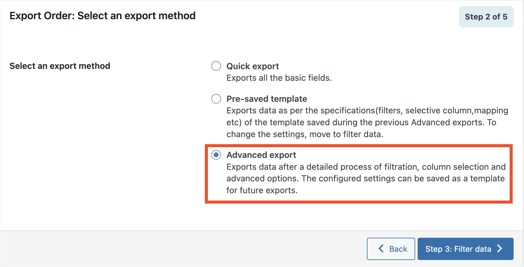 Select Advanced export options