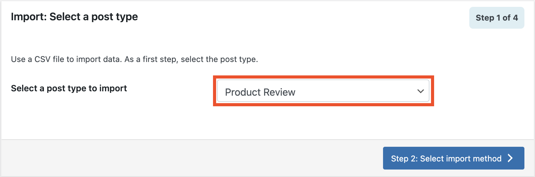 Select Product Review as the post type to import