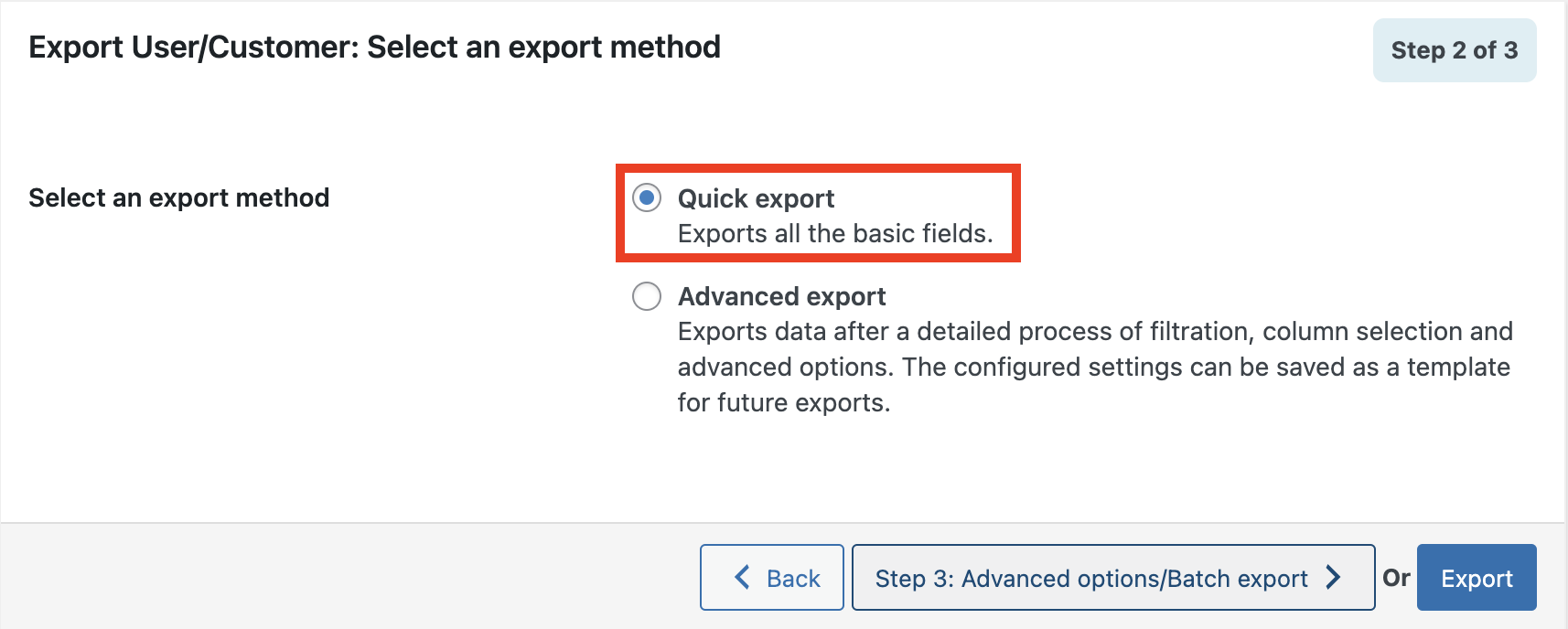 Select Quick Export for User Export