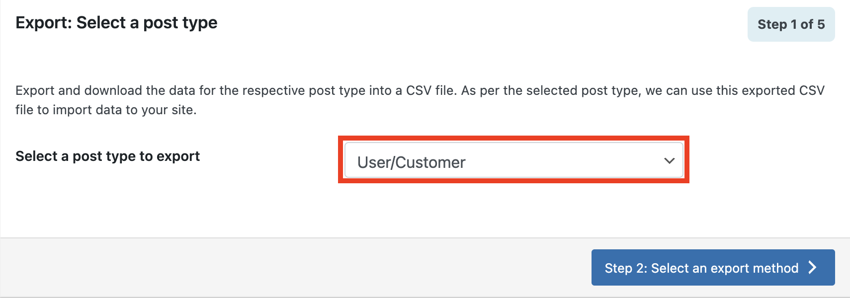 Select User as the post type to export