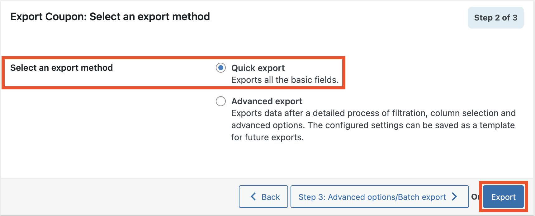 Select quick export option