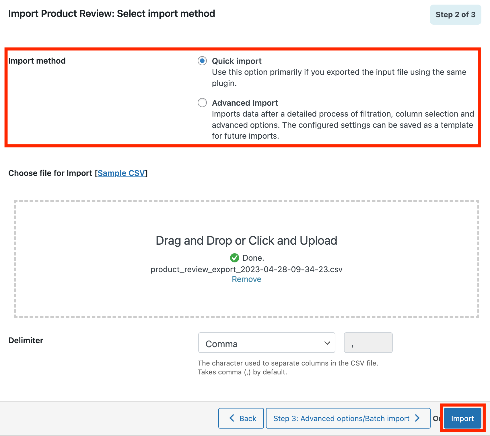 Upload product review CSV file