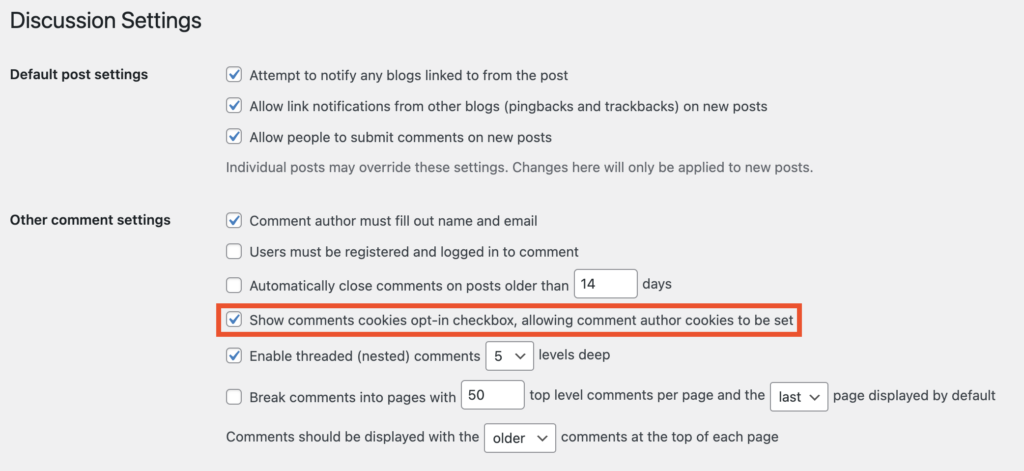 WordPress Discussion Settings page