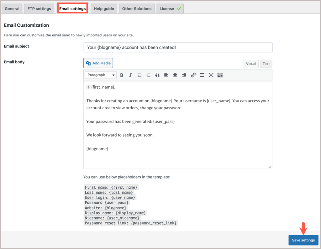 email settings in import export plugin