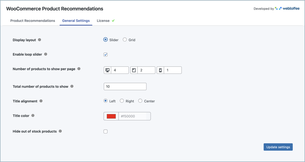 WooCommerce product recommendations - General settings - Slider selected
