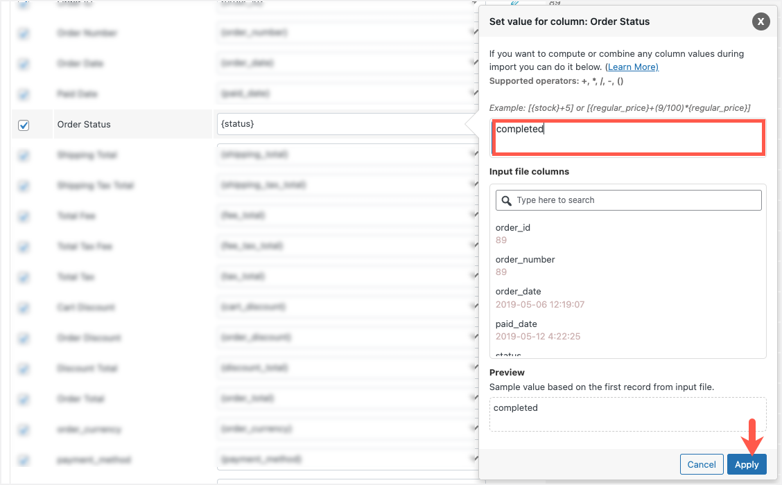 Setting the value as completed for the column field status