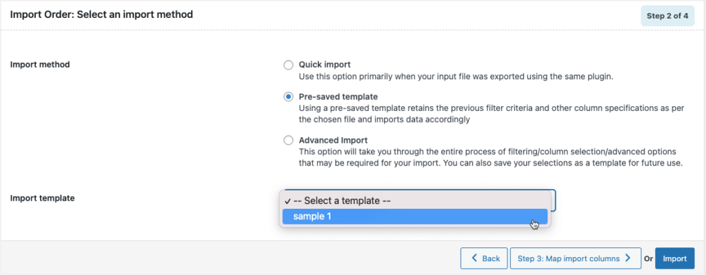 pre saved template method during import of orders 
