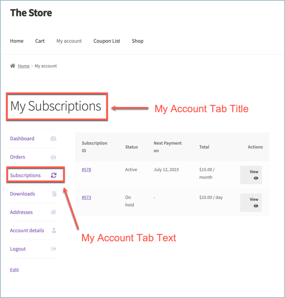 Subscriptions for WooCommerce - My Account page