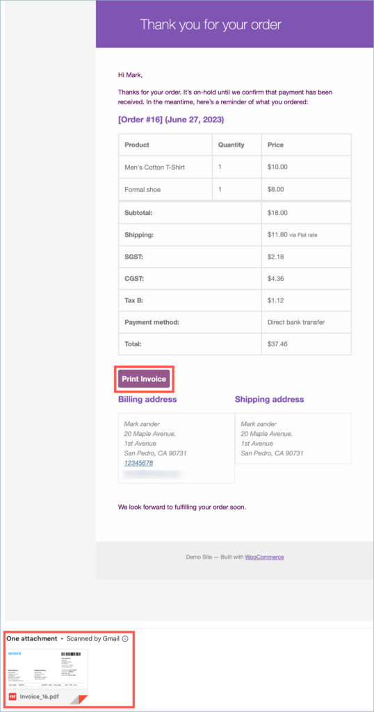 Order confirmation mail with an invoice PDF attachment