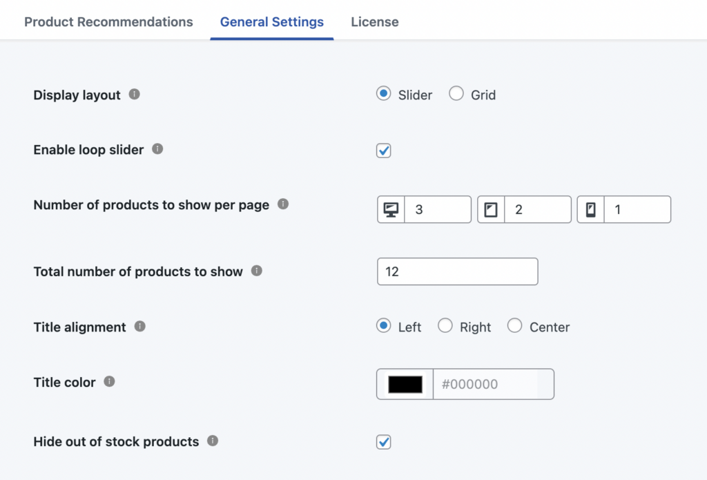 General product recommendation settings