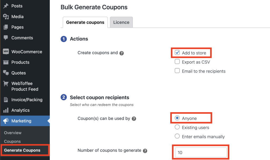 Generate coupons and add to store