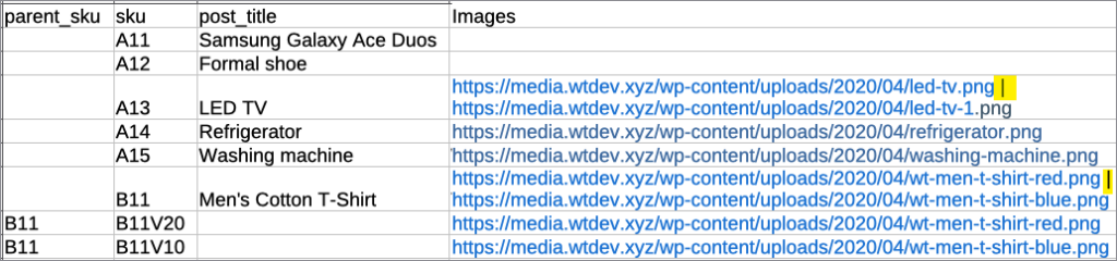 Sample of CSV file with multiple images
