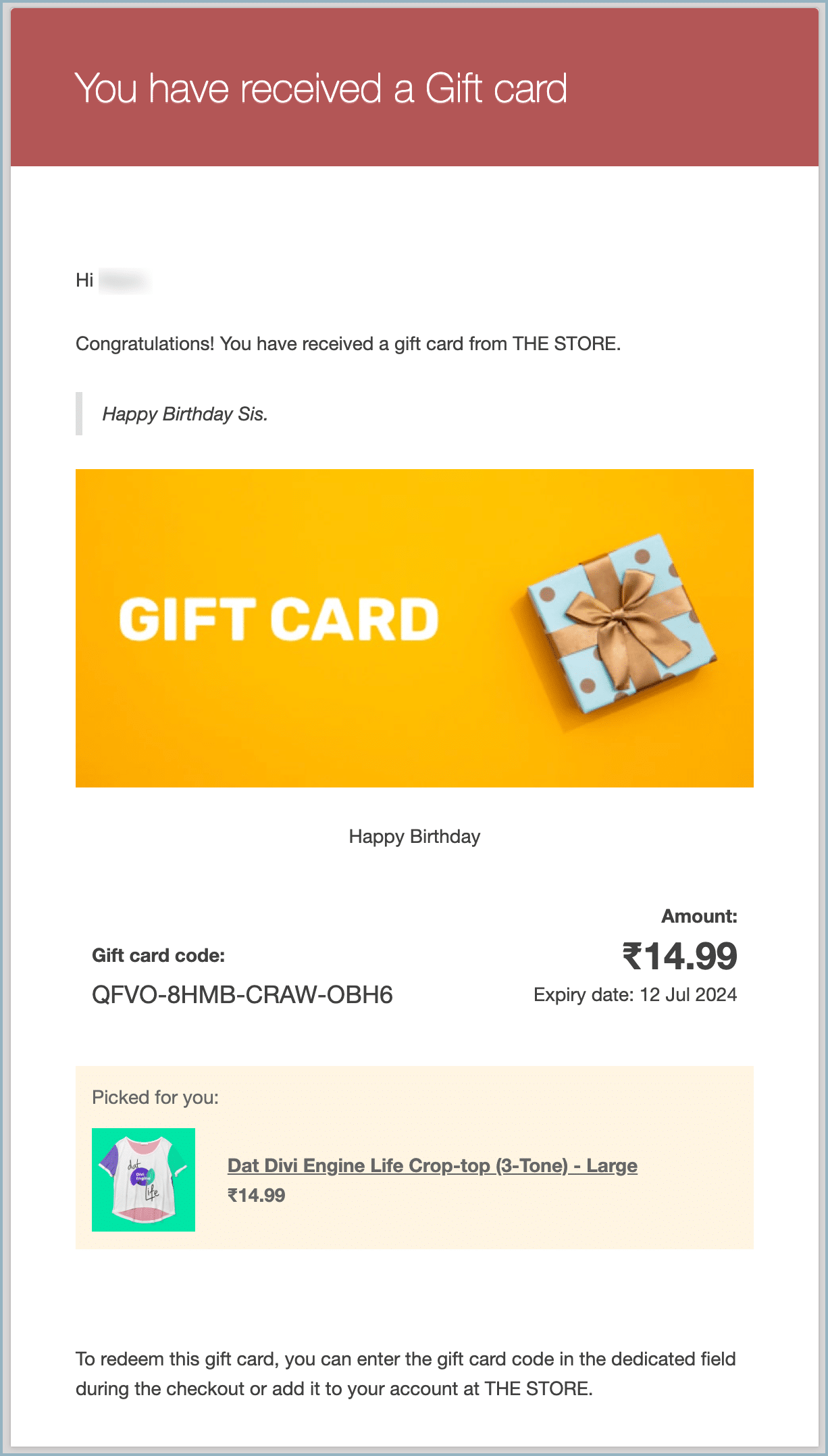 Recipient email with gift card
