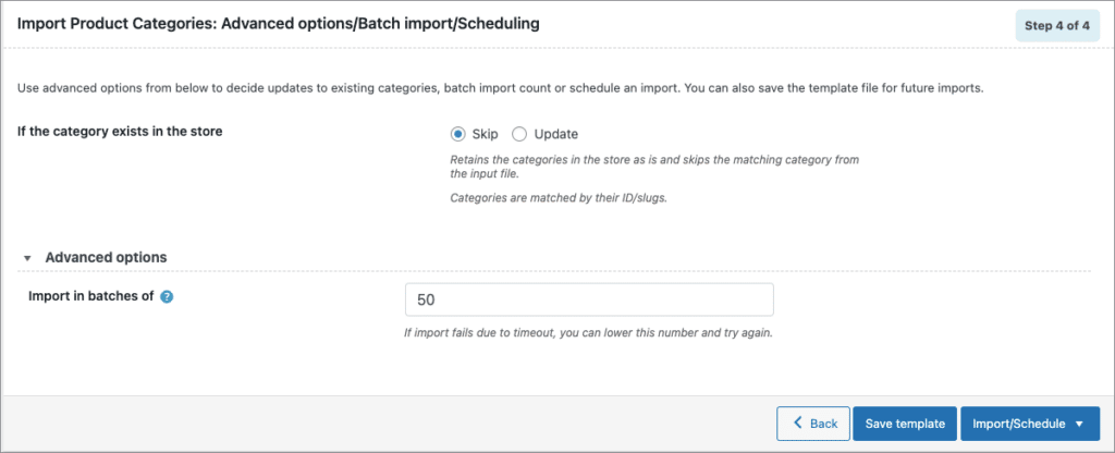 advanced options during import of product categories