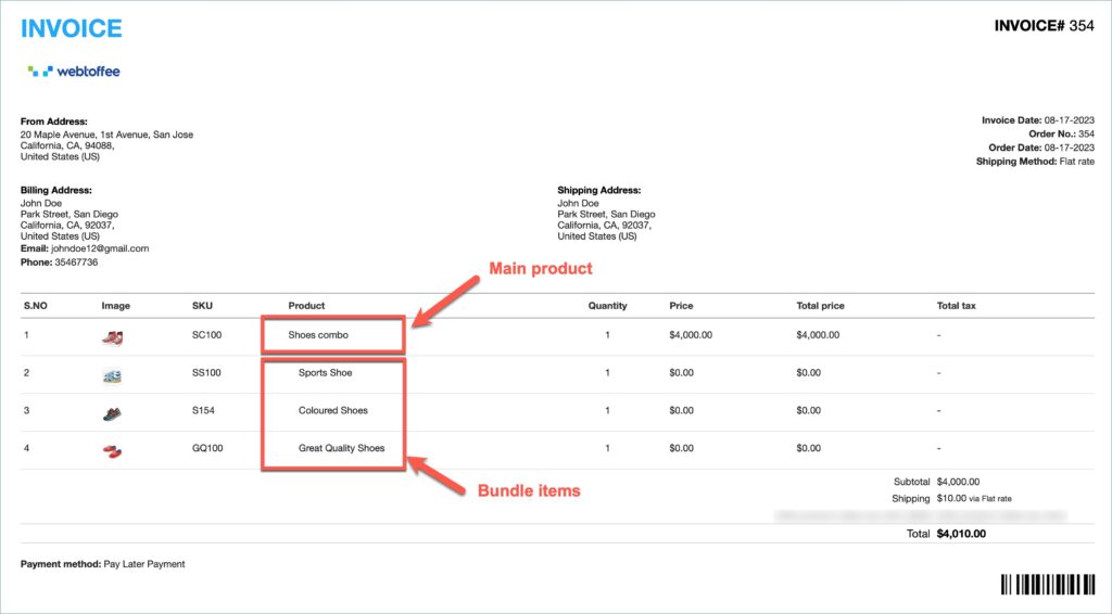 WooCommerce invoice for main product with bundle items