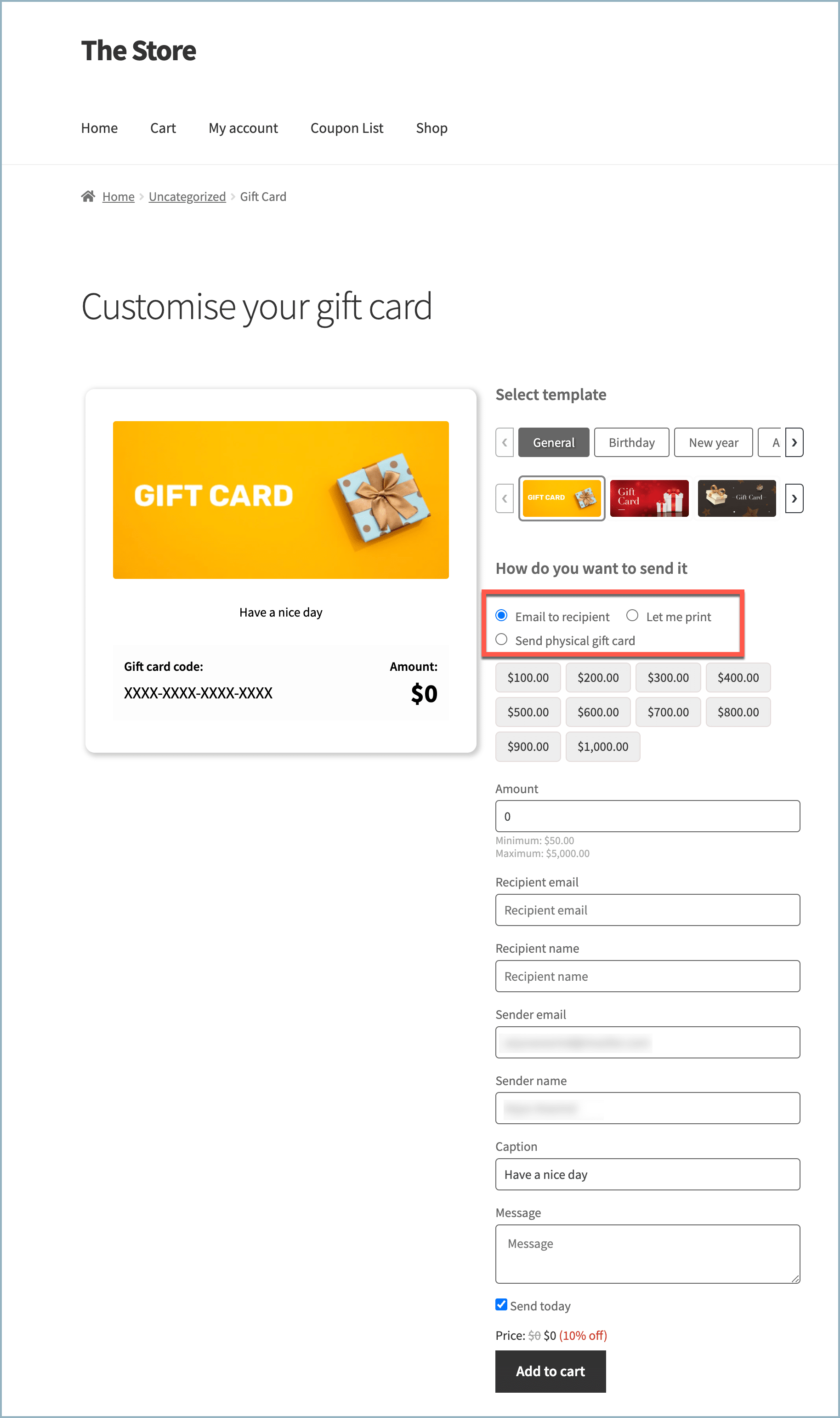 Gift card product page