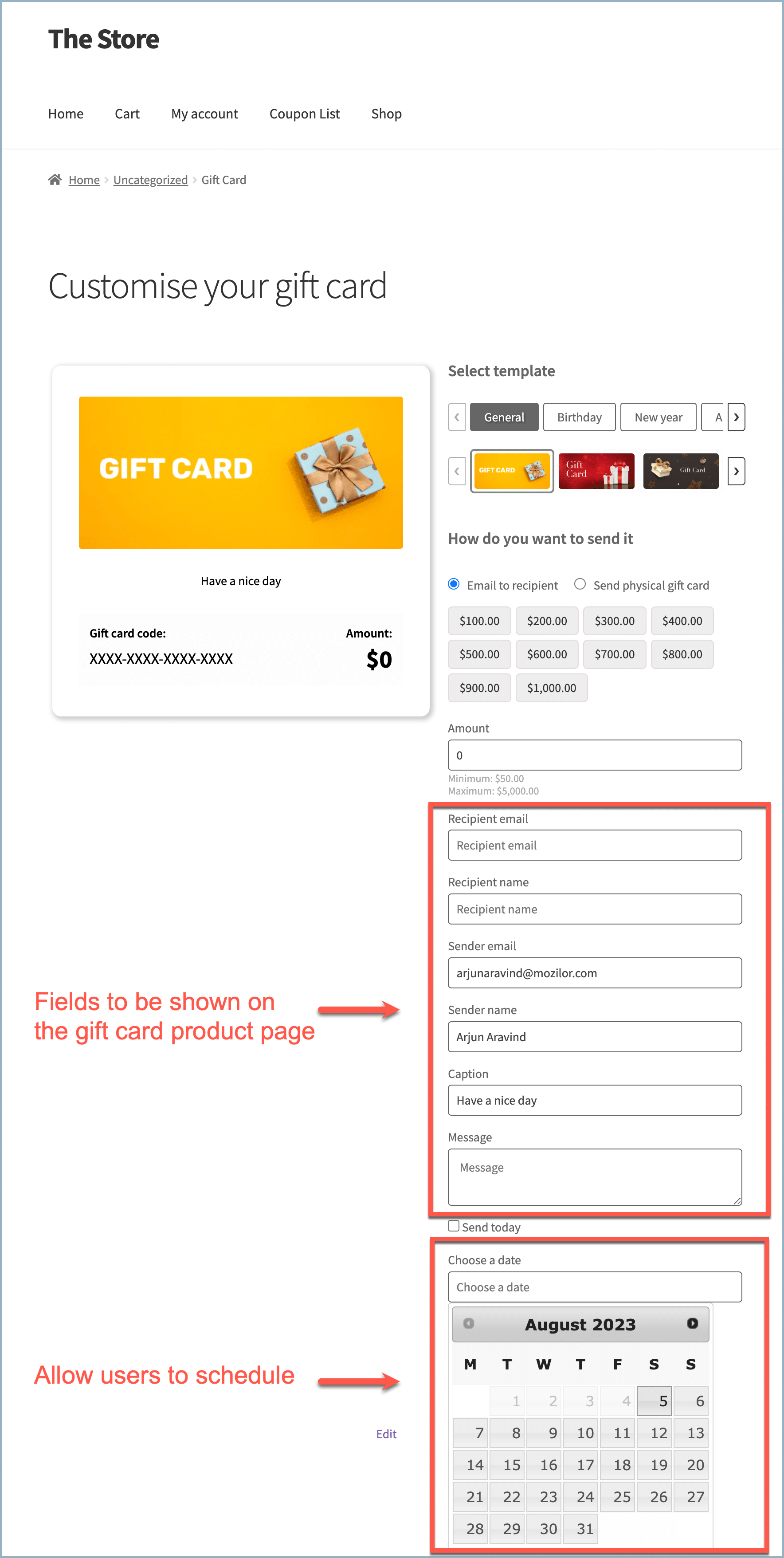 Gift card product page with scheduling option
