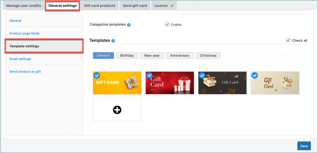WebToffee WooCommerce gift card - Template settings section