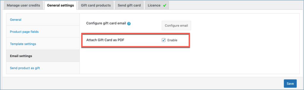 WooCommerce Gift Cards - Email settings page