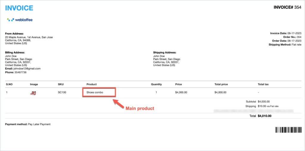 WooCommerce invoice for main product only