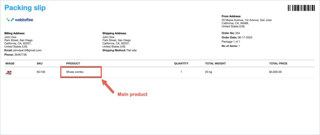 WooCommerce packingslip for main product only