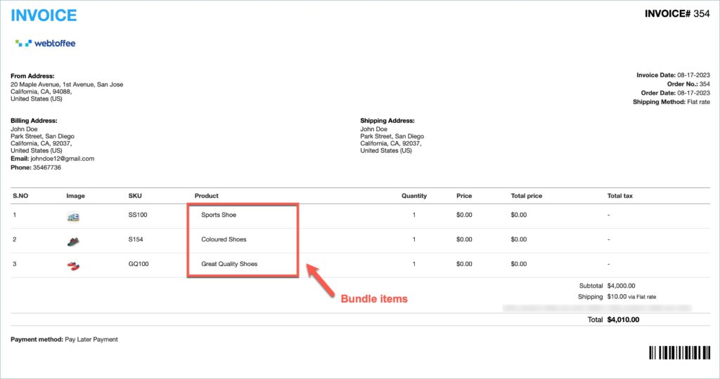 WooCommerce invoice for bundle items only