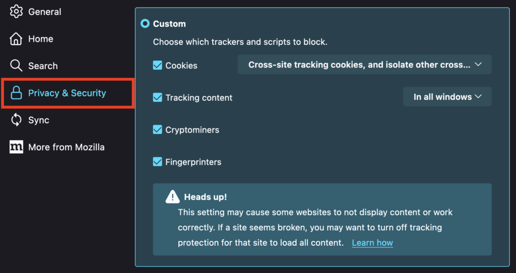 Block cookies and trackers in FireFox browser