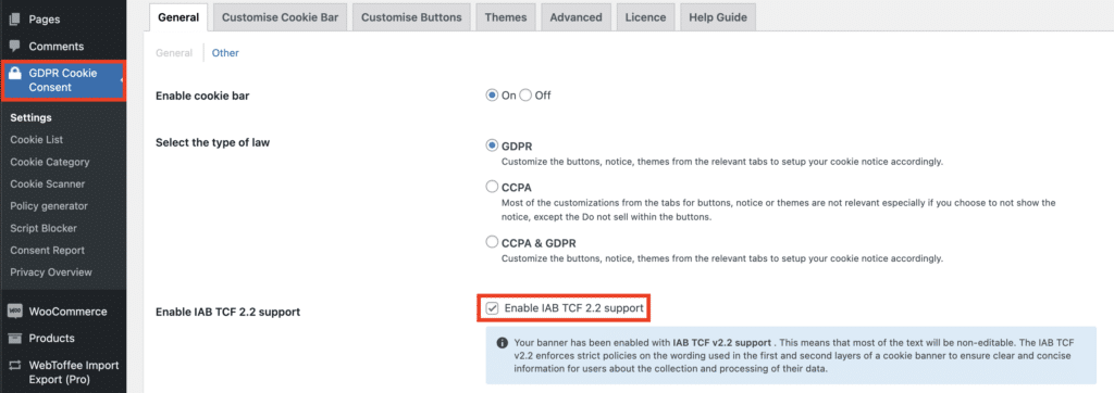 Enable IAB TCF support in GDPR Cookie Consent Plugin