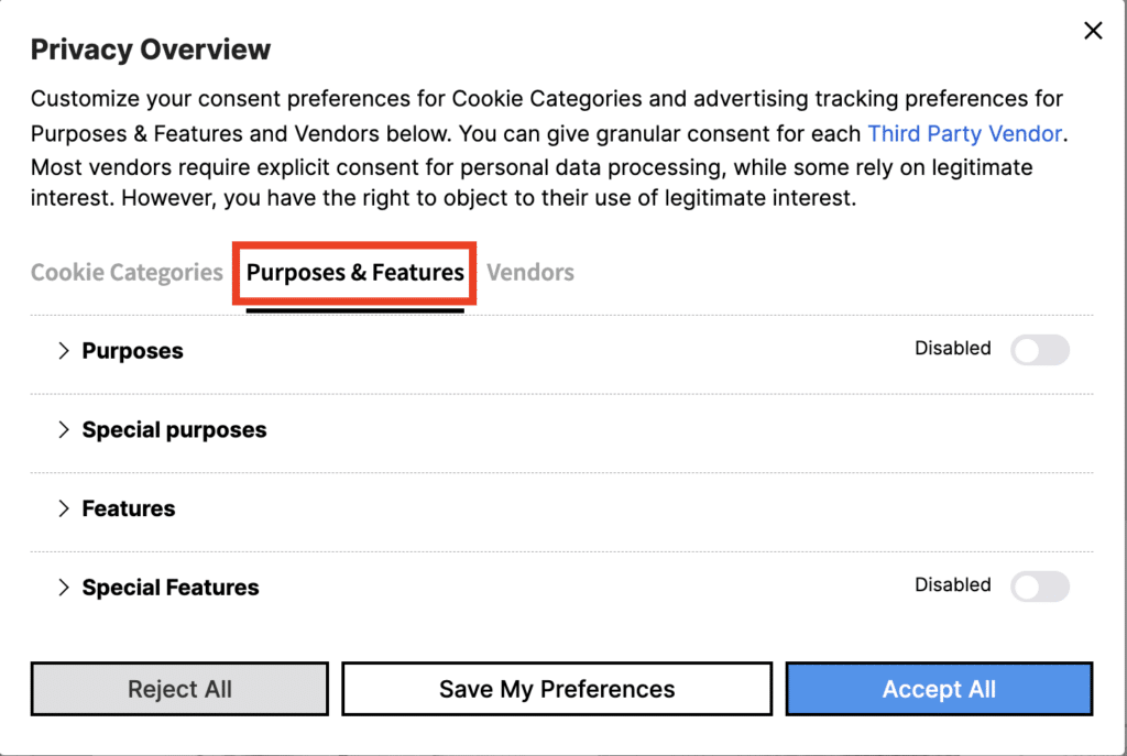 Purposes and Features section in cookie banner