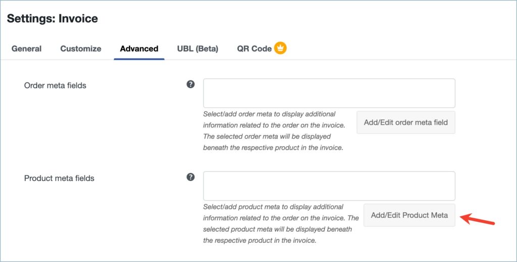 Add/Edit Product Meta button - WooCommerce invoice