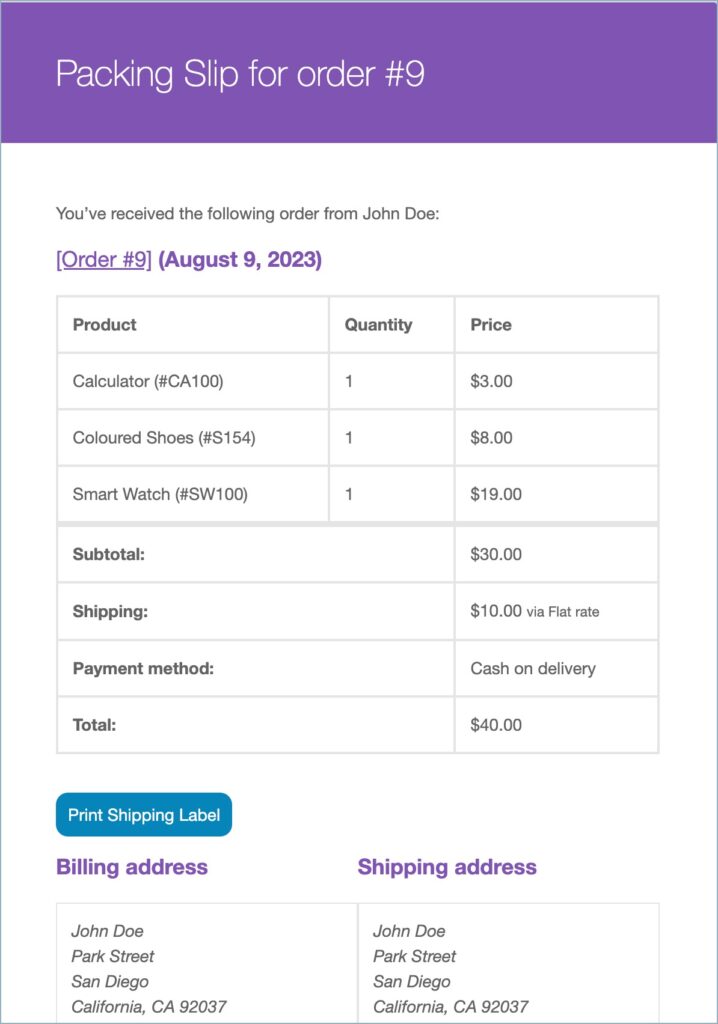 WooCommerce Packing slip send to custom email address