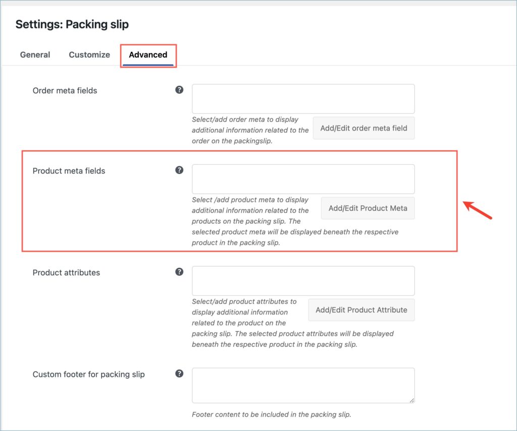Product meta fields option - WooCommerce packing slip