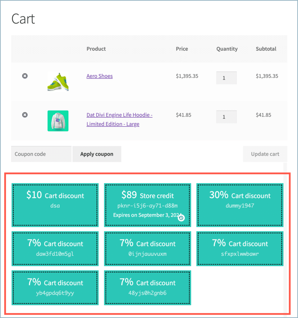 Cart-eligible coupons on the cart page

