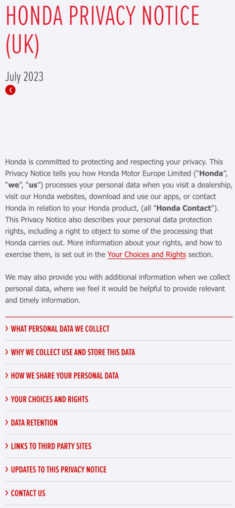 Honda Privacy Policy