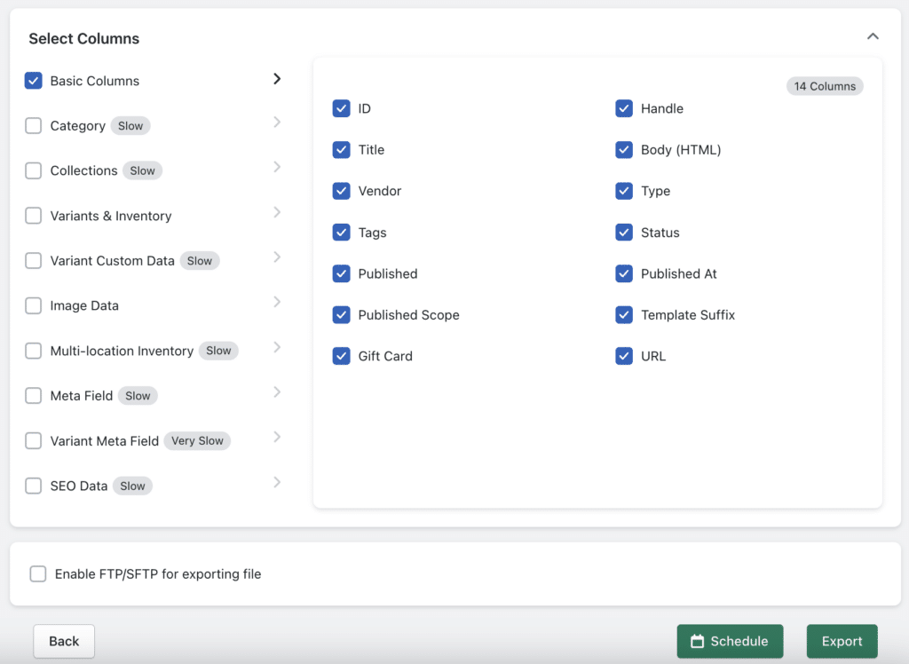 Select the columns you want to export