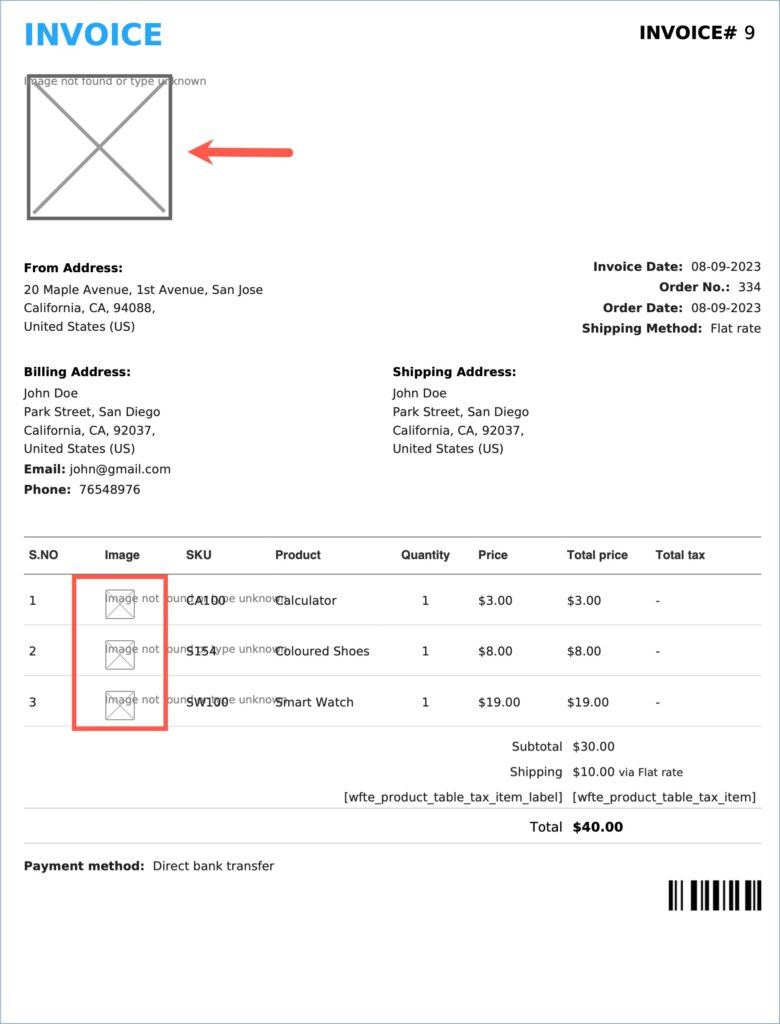 WooCommerce Invoice with image and logo missing issue
