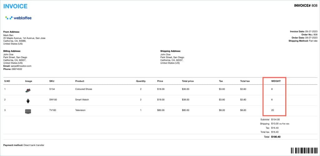 WooCommerce Invoice with a new column