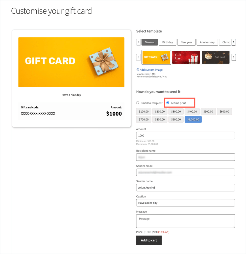 Placing a gift card order