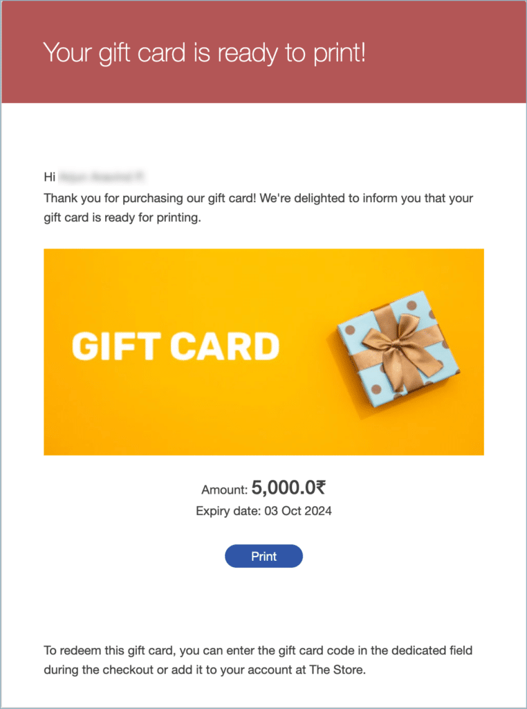 Email enabled with gift card print option