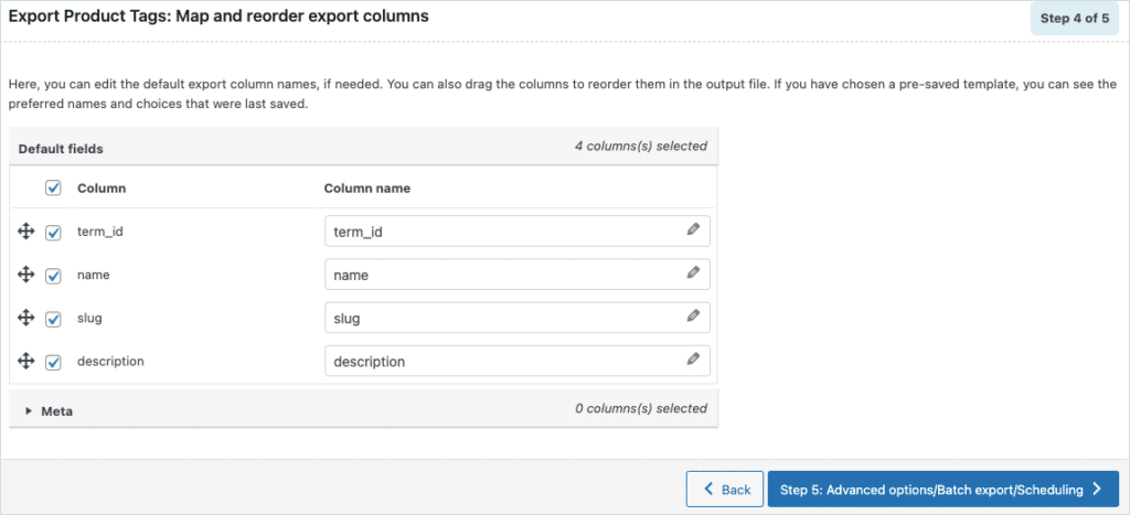 mapping export columns
