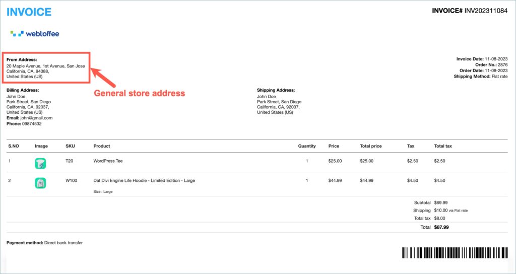 WooCommerce Invoice with general store address as the From address