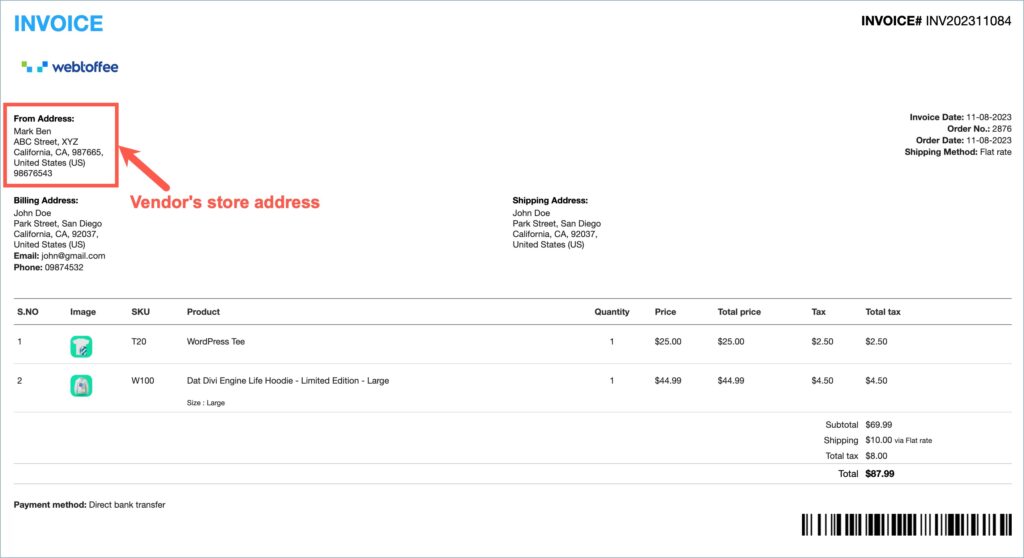 WooCommerce Invoice with the vendor's store address as the From address